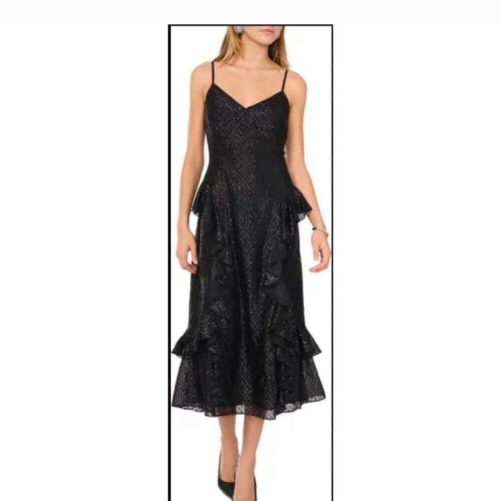 I. State Wildest Dream Black Metallic Tiered  Ruffled Midi Dress Size 4 NWT
